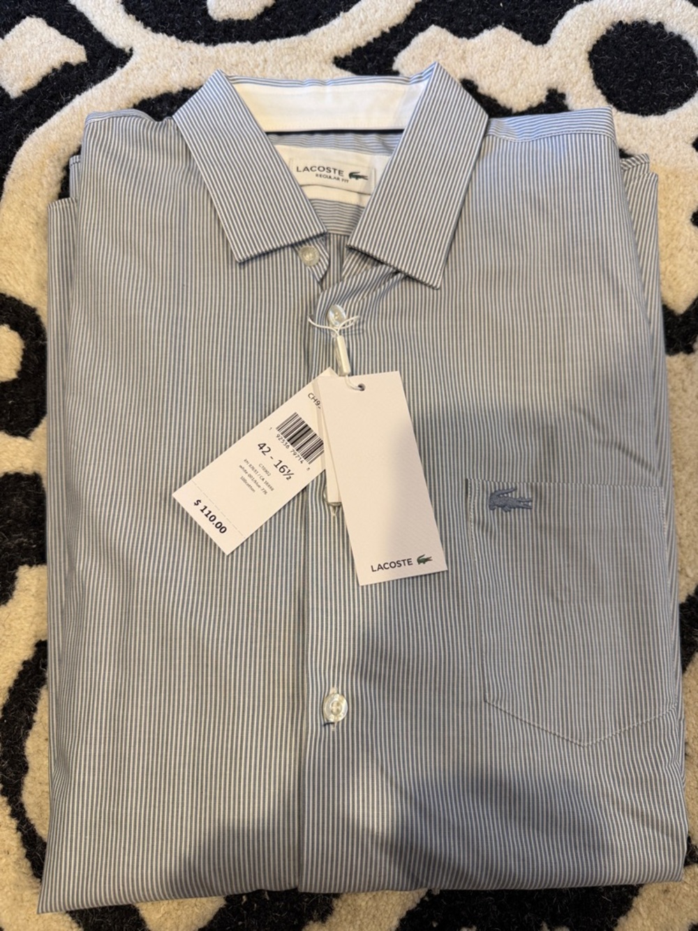 NWT Lacoste Men's Blue Micro-Stripe Button Down Dress Shirt size 42-16 1/2